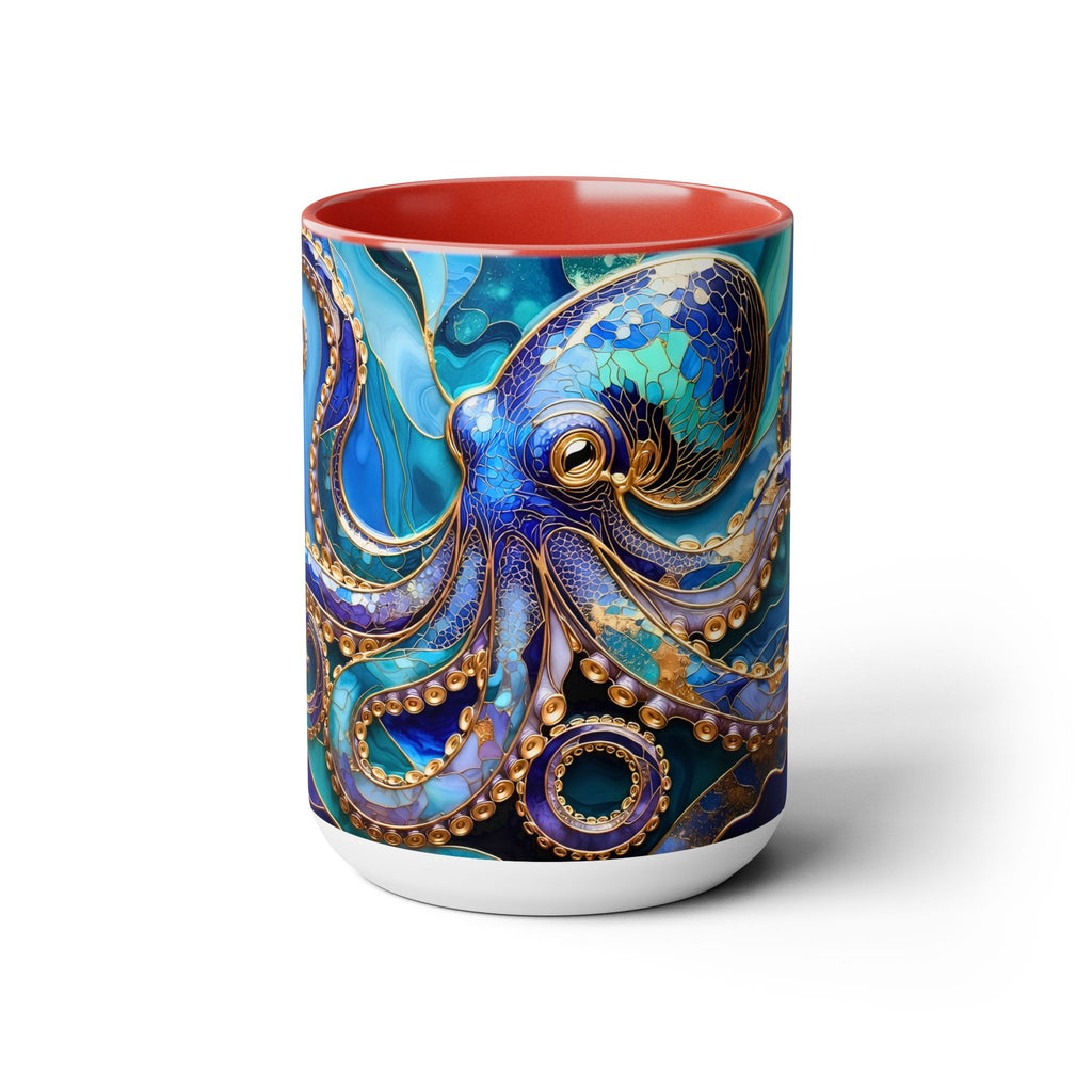 Blue Octopus Mug, Stained Glass Style | Ocean Art Coffee Cup, Beach Lover Cup 15oz