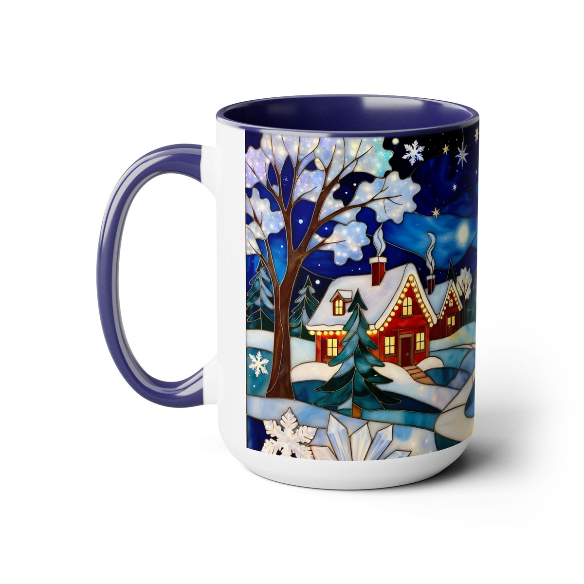 Stained Glass Christmas Village Mug, Winter Cottage Snow Scene Mug, Cozy Holiday Art Cup, Christmas Gift Mug 15oz