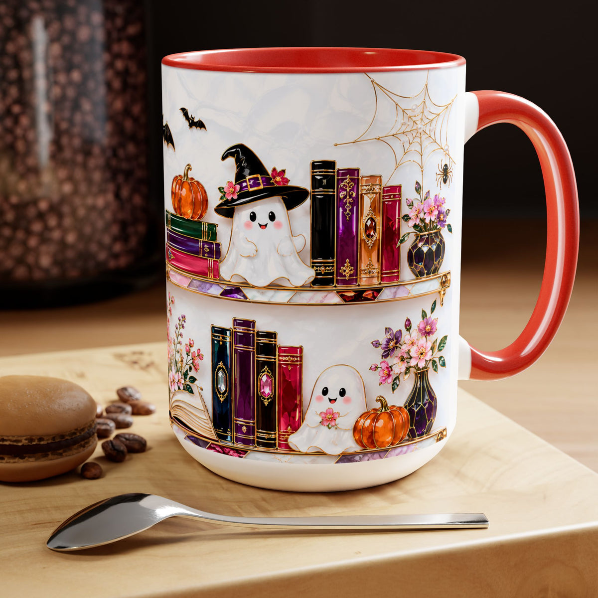 Halloween Ghost Bookshelf Mug, Black Cat Coffee Mug, Book Lover Gift, Witchy Ghost Mug, Spooky Library Cup, Fall Mug, Dark Academia Mug