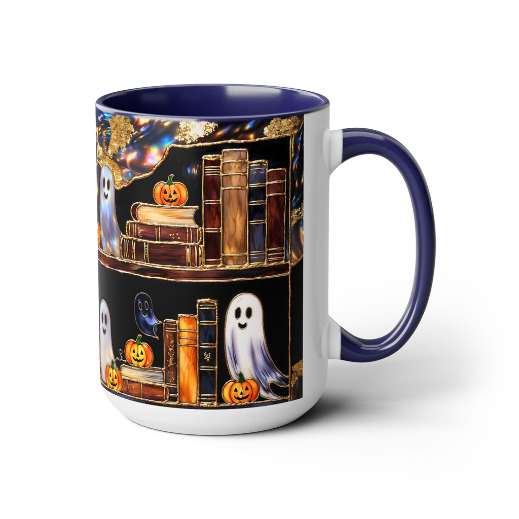 Halloween Ghost Bookshelf Mug, Cute Ghost Coffee Mug, Book Lover Gift, Spooky Books Mug, Fall Mug, Gothic Library Cup, Dark Academia Mug