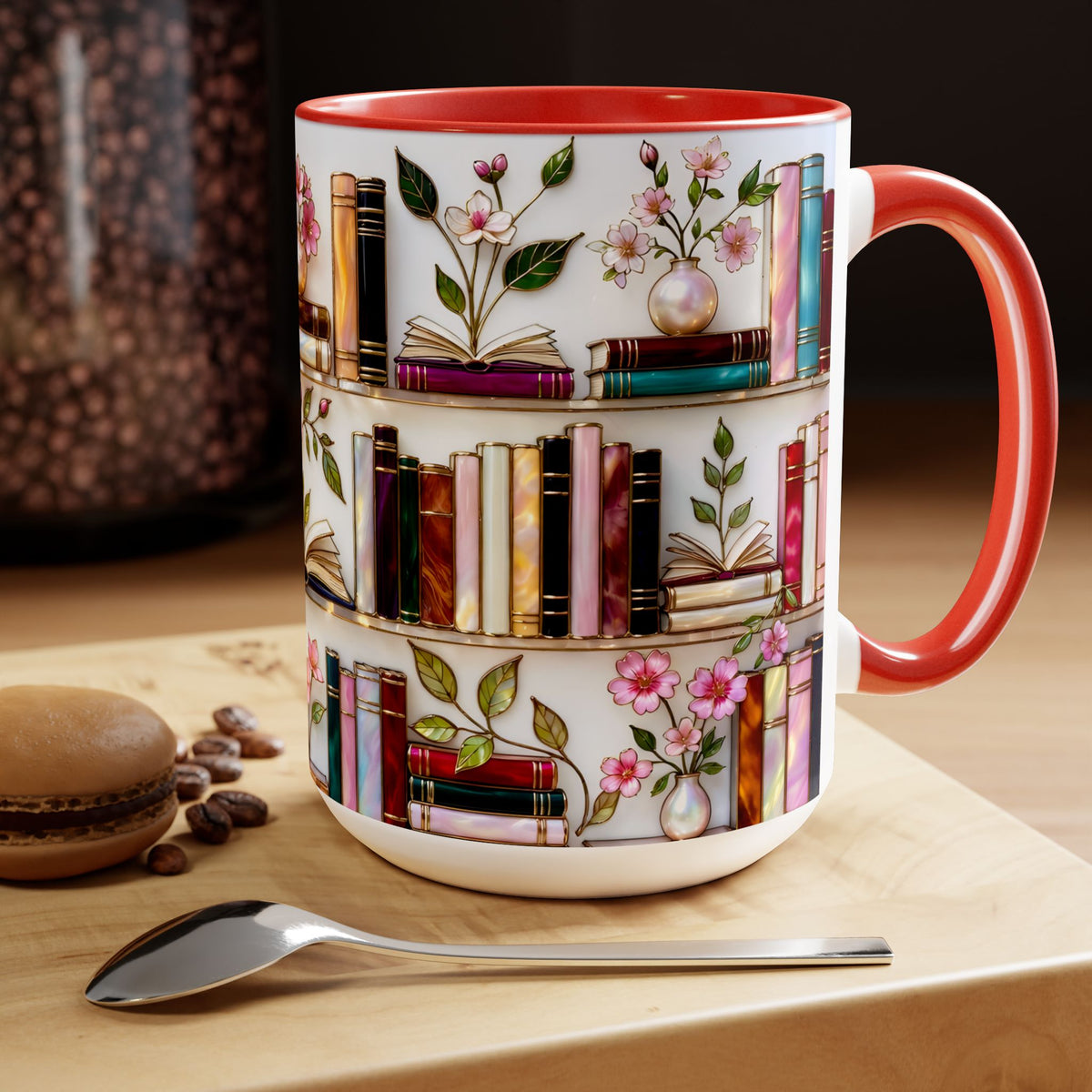 Stained Glass Bookshelf Mug, Book Lover Gift, Floral Bookish Cup, Library Aesthetic Mug, Ceramic Accent Mug, Reader Gift, Cozy Book Mug