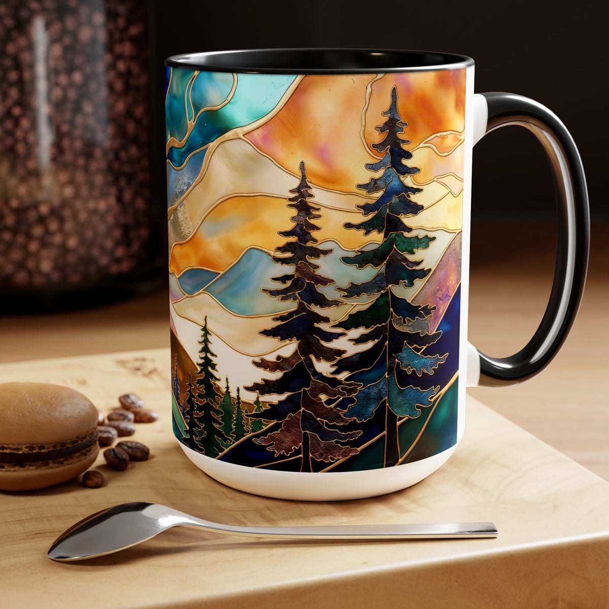 Stained Glass Style Mountain Mug, Forest Landscape Coffee Mug, Nature Lover Gift, Outdoor Adventure Mug, Fathers Day Gift 15oz