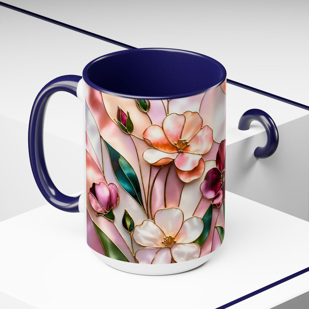 Stained Glass Style Floral Mug, 15 oz, Pink & Burgundy Flowers Floral Art Coffee Cup 15oz