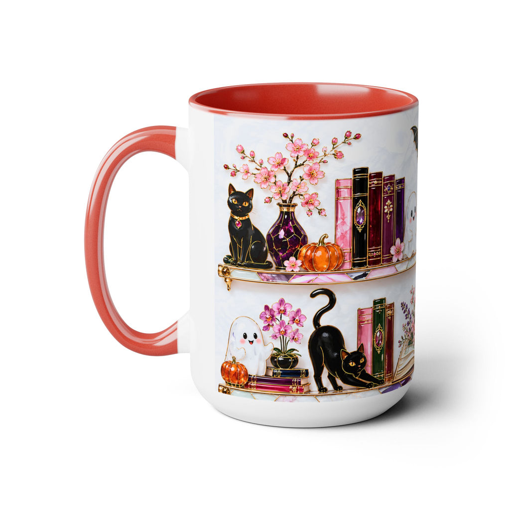 Halloween Ghost Bookshelf Mug, Black Cat Coffee Mug, Book Lover Gift, Witchy Ghost Mug, Spooky Library Cup, Fall Mug, Dark Academia Mug