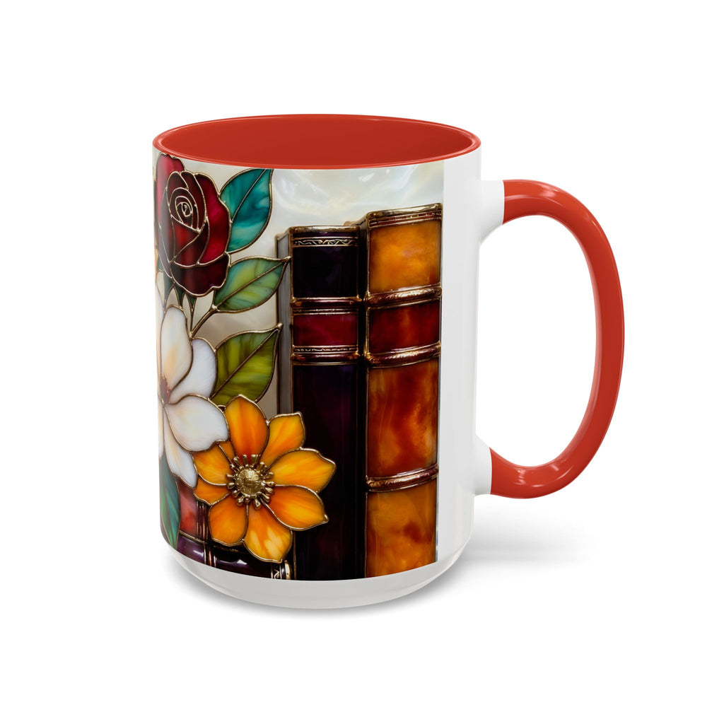 Floral Bookshelf Mug, Stained Glass Style Flowers & Bees Mug 15oz, Garden Book Lover Gift