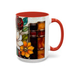 Floral Bookshelf Mug, Stained Glass Style Flowers & Bees Mug 15oz, Garden Book Lover Gift