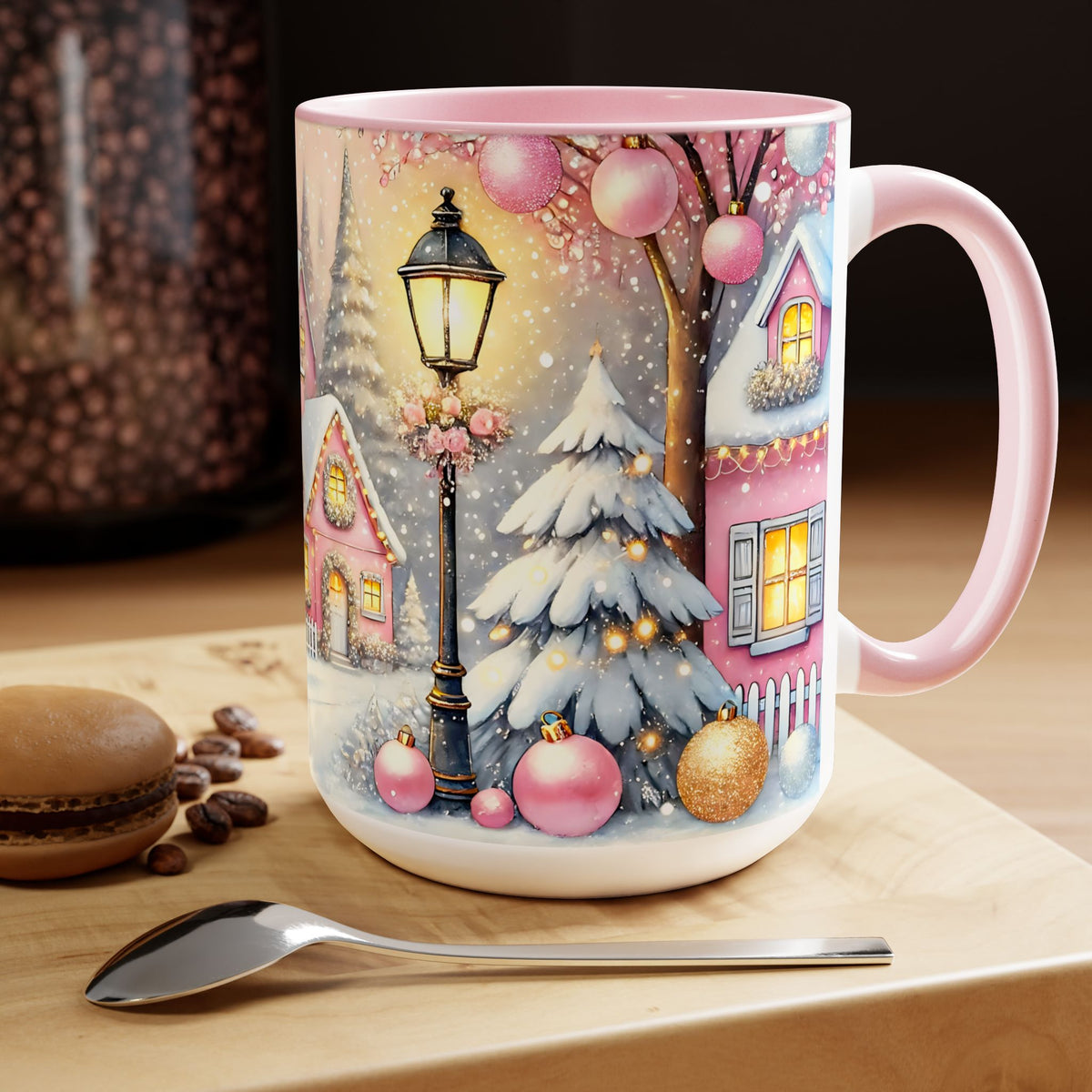 Pink Christmas Village Mug, Christmas Movie Mug, Christmas Coffee Mug Gift, Merry Christmas Mug, Winter Mug, Holiday Kitchen Decor 15 oz