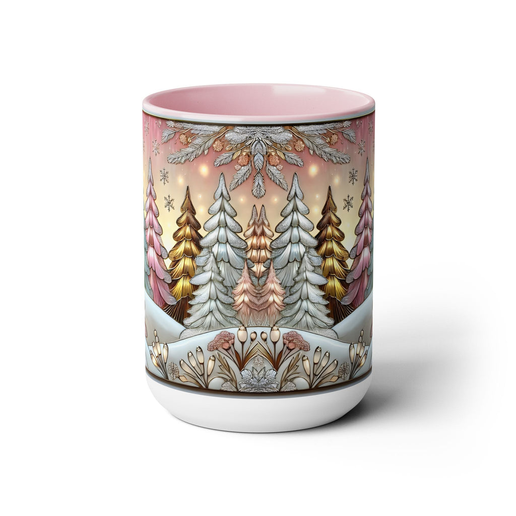 Pink Christmas Tree Mug, Stained Glass Style Forest Coffee Cup, Nature Lover Gift, Holiday Mug for Women, Winter Gift Idea