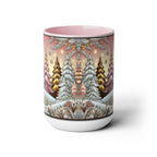 Pink Christmas Tree Mug, Stained Glass Style Forest Coffee Cup, Nature Lover Gift, Holiday Mug for Women, Winter Gift Idea