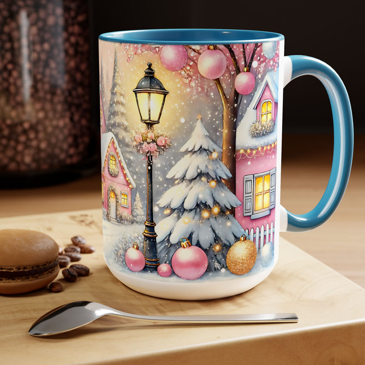 Pink Christmas Village Mug, Christmas Movie Mug, Christmas Coffee Mug Gift, Merry Christmas Mug, Winter Mug, Holiday Kitchen Decor 15 oz
