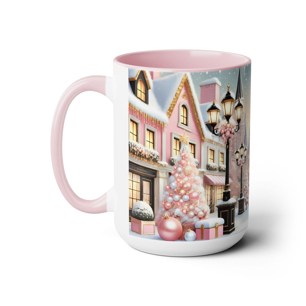 Pink Christmas Village Mug, Christmas Coffee Mug, Elegant Pastel Winter Village Ceramic Cup, Christmas Home Decor Kitchen, Winter Mug 15oz