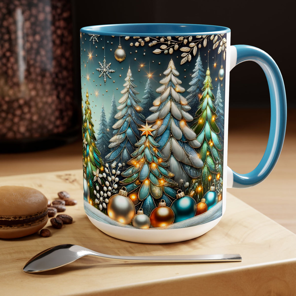 Christmas Mug, Pine Forest Mug, Stained Glass Style Coffee Cup, Winter Evergreen Tree Mug, Nature Lover Christmas Gift 15oz