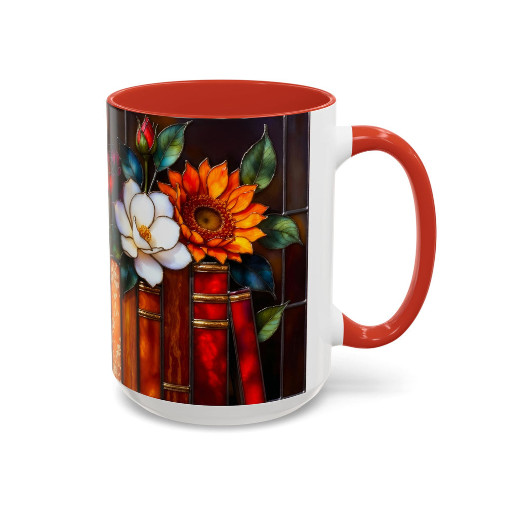 Floral Stained Glass Style Book Mug, Bookshelf Floral Ceramic Mug 15oz, Elegant Book Lover Gift, Garden Book Lover Gift