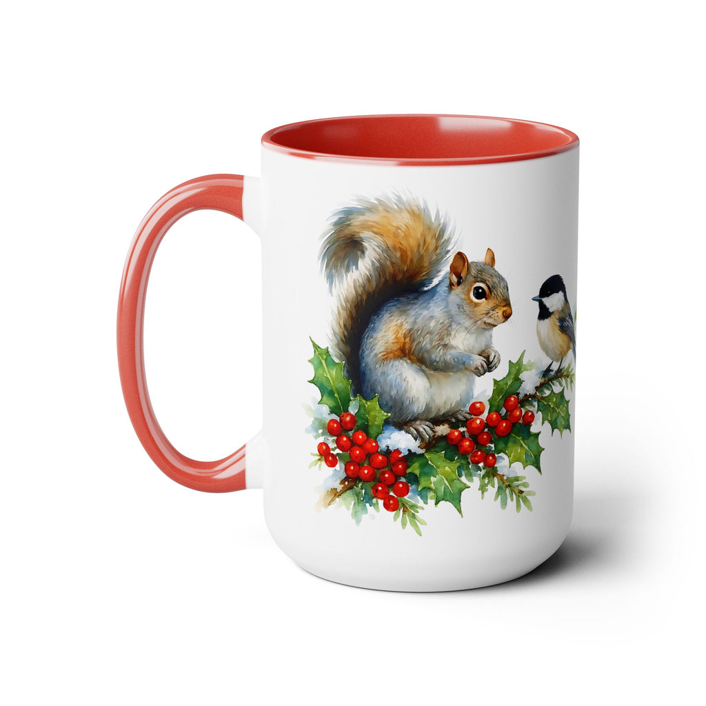 Squirrel and Chickadee Mug, Birds on Snowy Branch Mug, Woodland Retro Christmas Mug, Kitchen Decor Mug, Winter Mug, Squirrel Lover Mug 15oz