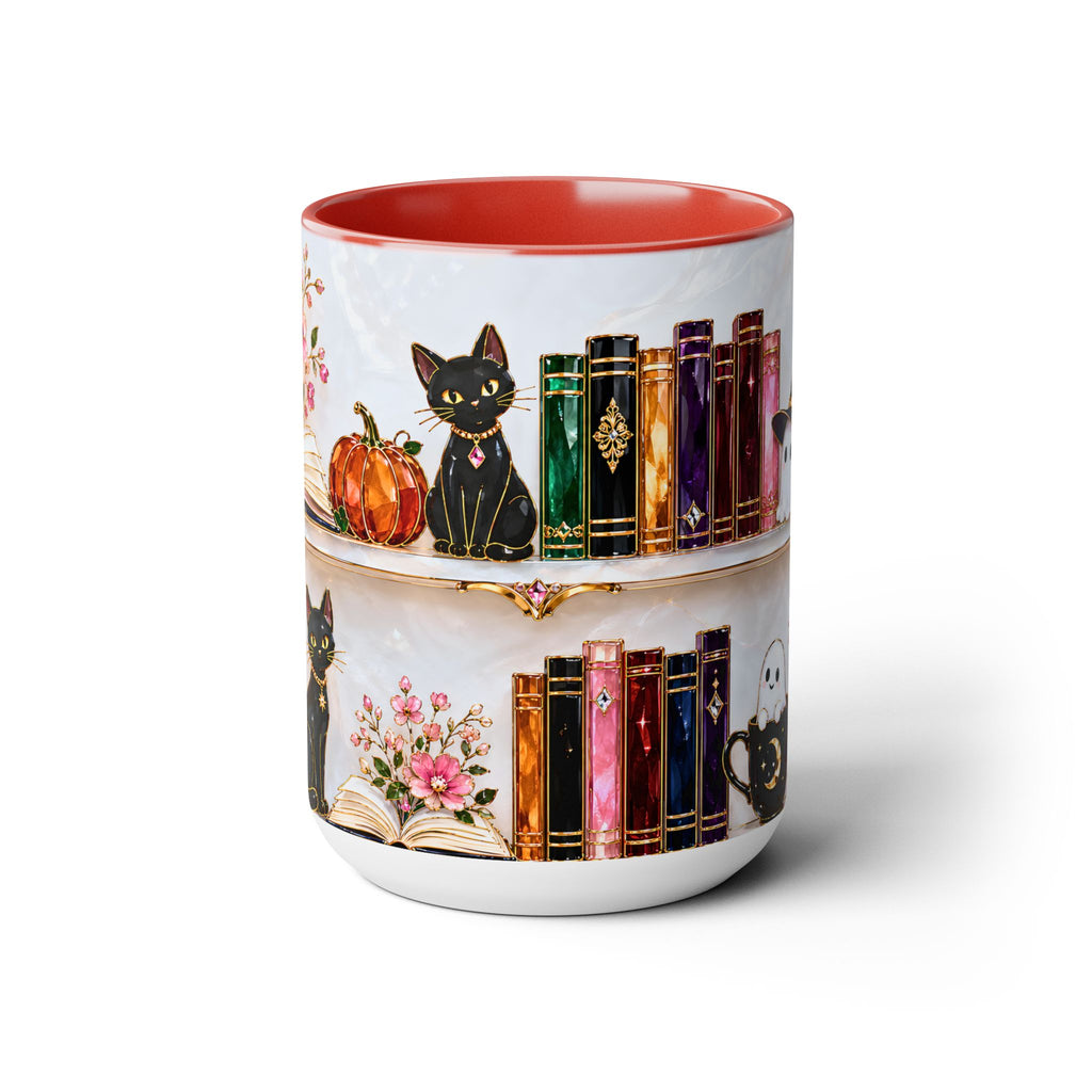 Halloween Ghost Bookshelf Mug, Black Cat Coffee Mug, Witchy Ghost Mug, Book Lover Gift, Spooky Library Mug, Pink Floral Bookshelf Mug 15oz