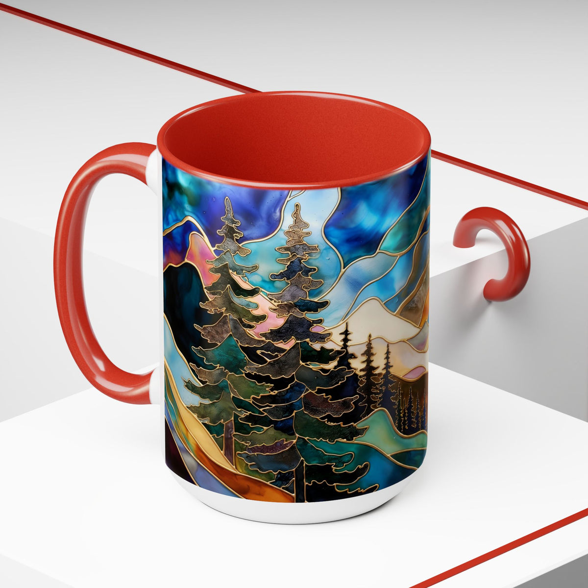 Stained Glass Style Mountain Mug, Forest Landscape Coffee Mug, Nature Lover Gift, Outdoor Adventure Mug, Fathers Day Gift 15oz