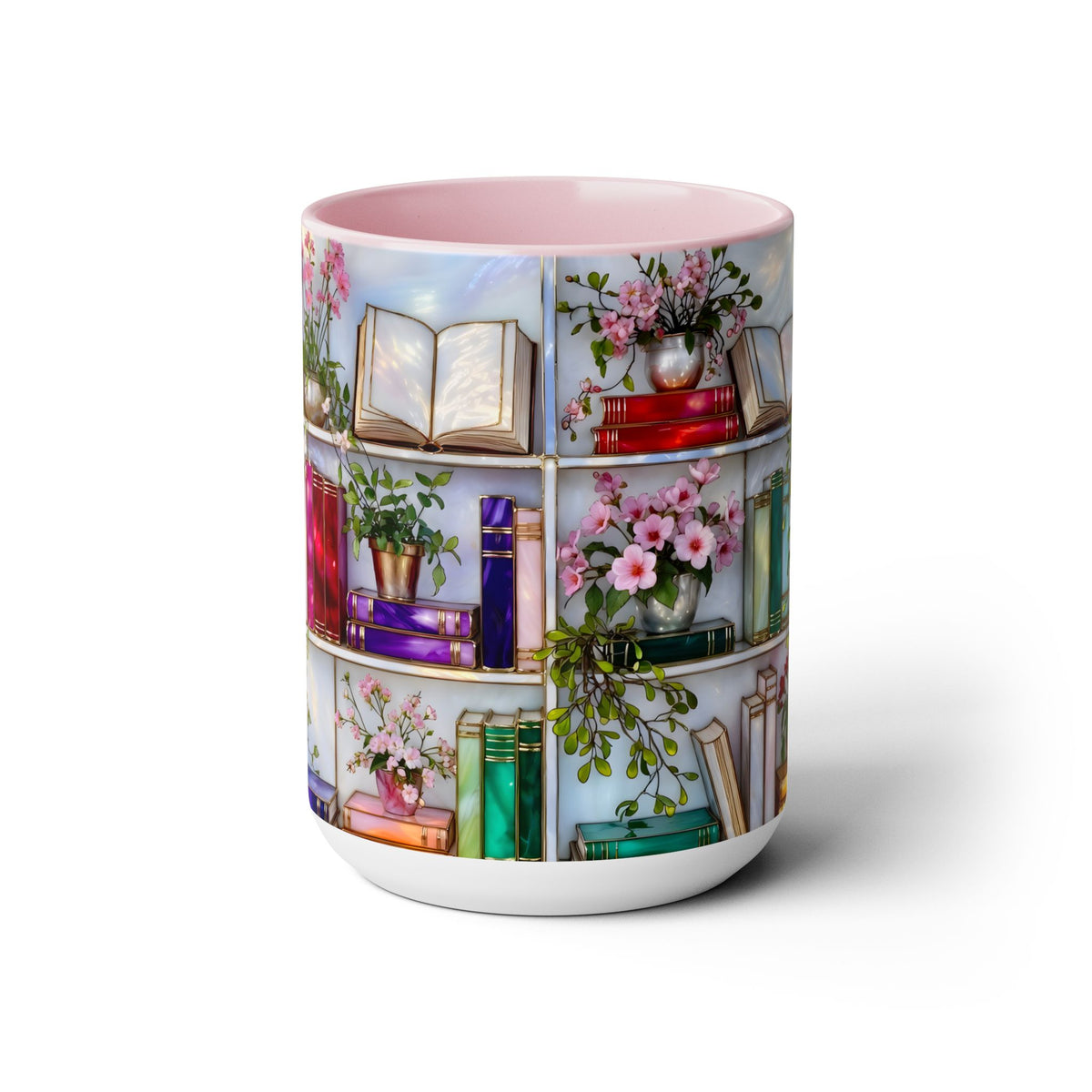 Stained Glass Style Bookshelf Mug, Colorful Floral Book Mug, Book Lover Gift. Elegant Reading Mug