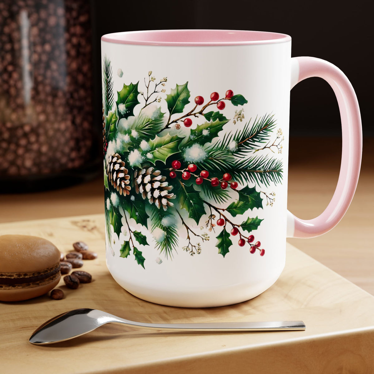 Snowy Garland Coffee Mug, Christmas Wreath Mug, Winter Holiday Ceramic Mug, Festive Garland Drinkware, Holiday Season Classy Mug Gift 15oz