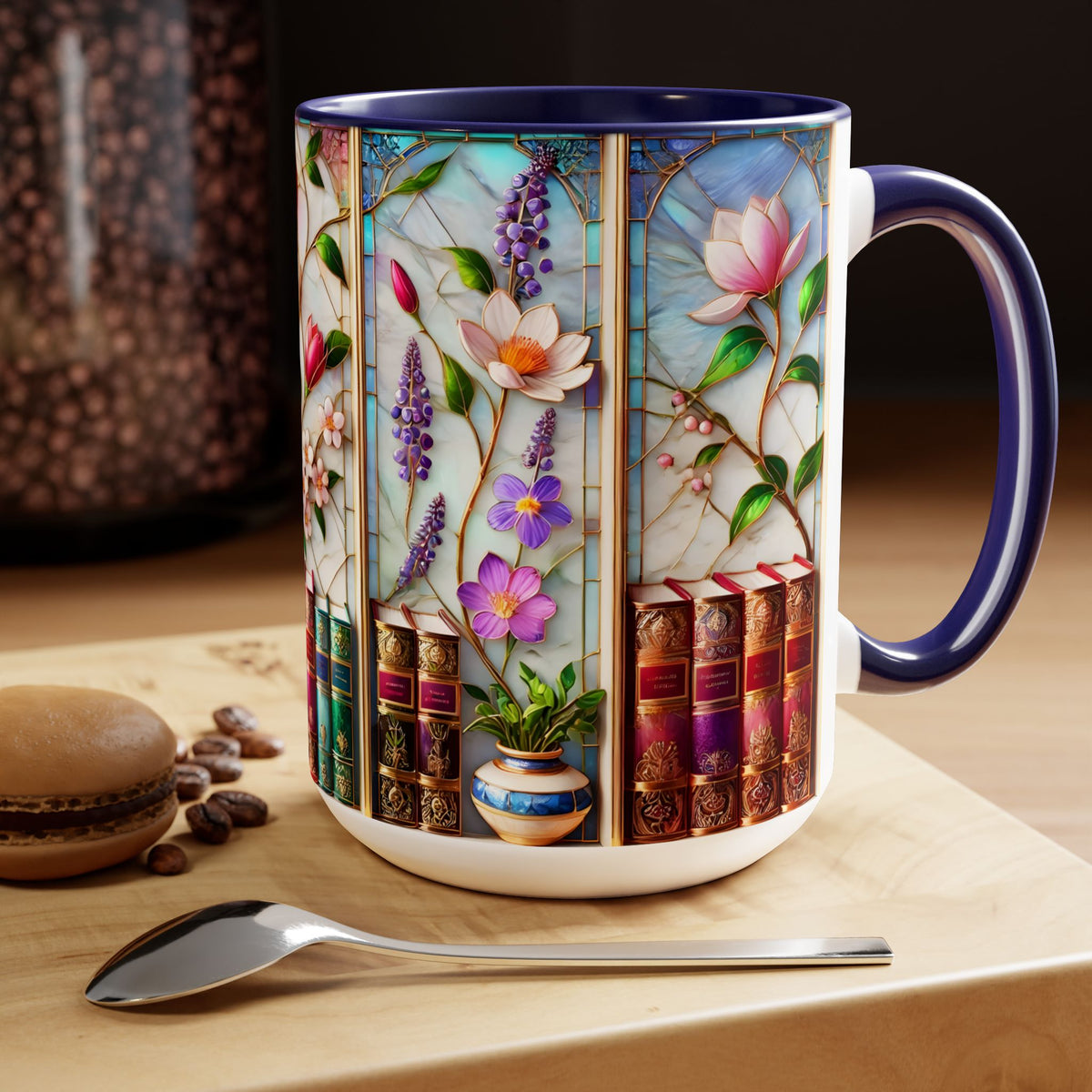 Floral Bookshelf Coffee Mug, Bookish Faux Stained-Glass Mug, Book Lover Gift, Reading Mug for Women, Library Floral Cup 15oz