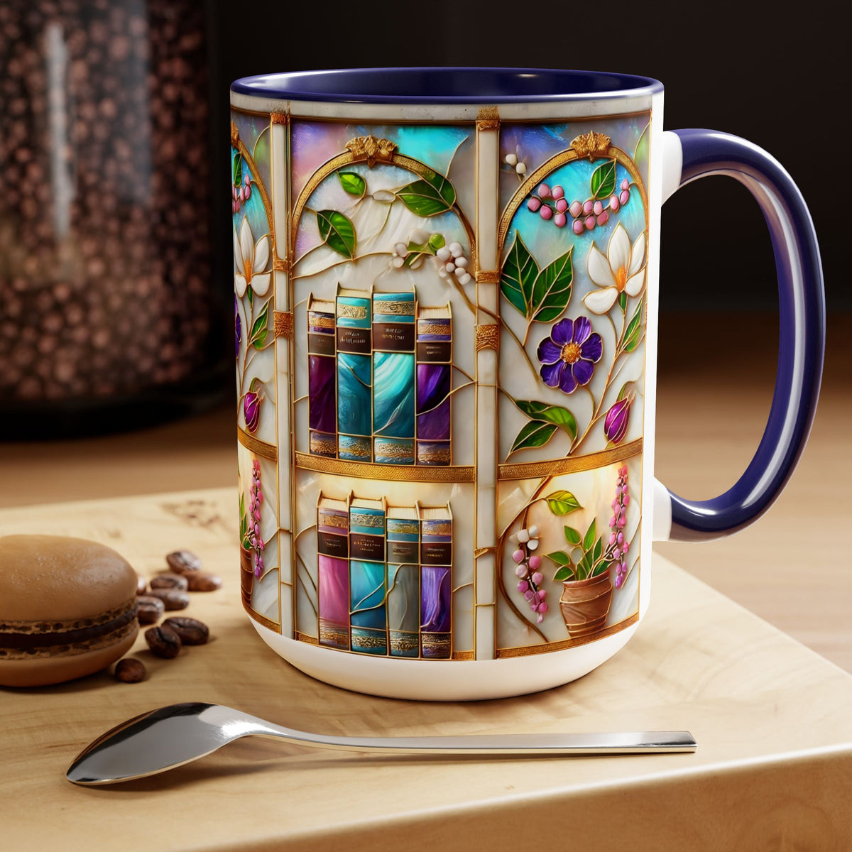 Floral Bookshelf Coffee Mug, Bookish Stained-Glass Style Ceramic Mug, Book Lover Gift 15oz