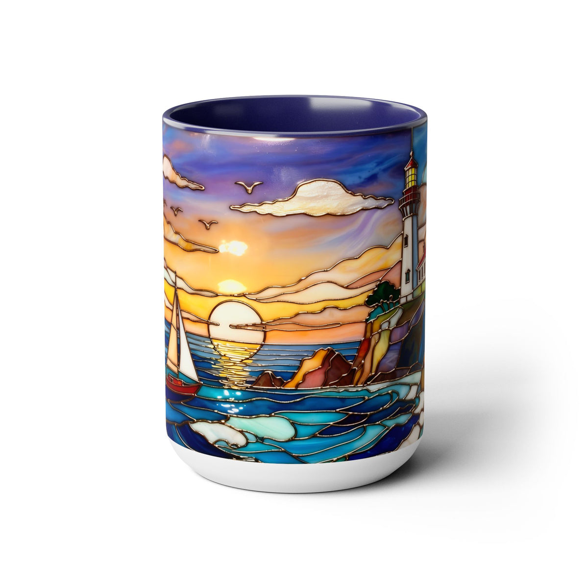 Lighthouse Sunset Mug, Coastal Stained Glass Style Coffee Cup 15oz, Nautical Coffee Mug