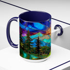 Stained Glass Style Sunset Mountains Coffee Mug, Pine Forest Cup Gift 15oz