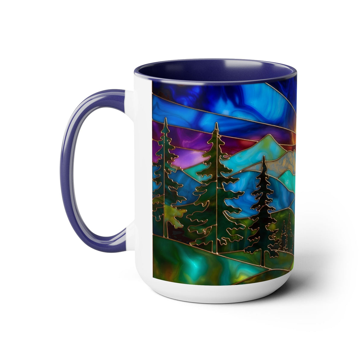 Stained Glass Style Sunset Mountains Coffee Mug, Pine Forest Cup Gift 15oz