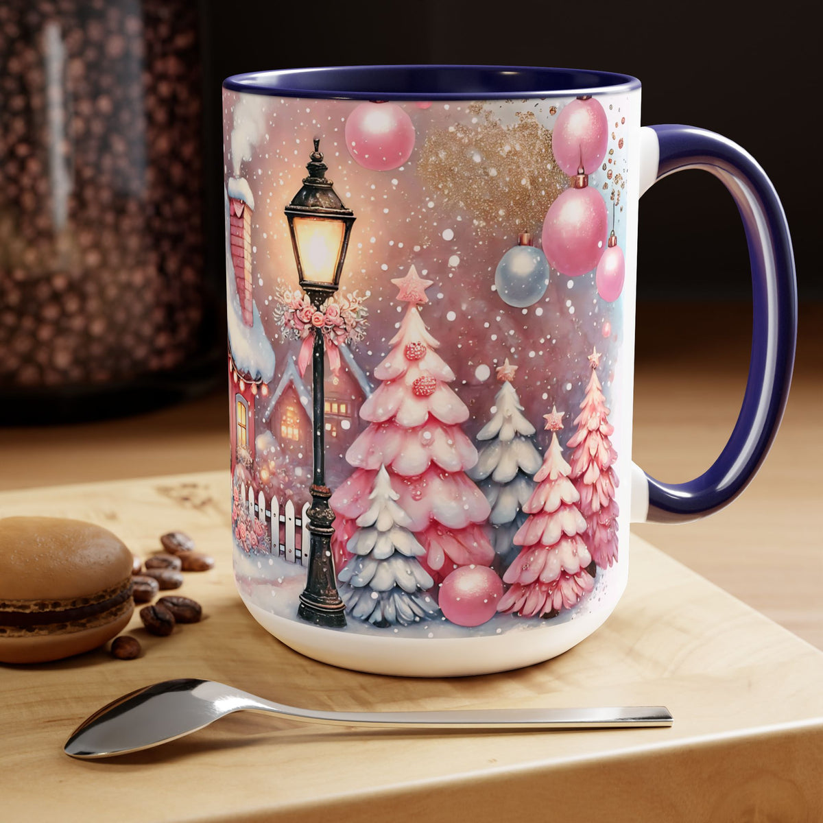 Pink Christmas Village Mug, Christmas Coffee Mug Gift, Merry Christmas Mug, Pink Winter Mug, Holiday Kitchen Decor, Elegant Coffee Mug 15oz