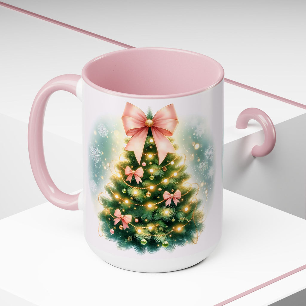 Christmas Tree Mug, Winter Tree Bow Mug, Holiday Mug, Aesthetic Pink Tree Mug, Christmas Coquette Mug, Holiday Mug, Pink Winter Mug 15oz