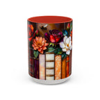Floral Stained Glass Style Book Mug, Bookshelf Floral Ceramic Mug 15oz, Elegant Book Lover Gift, Garden Book Lover Gift