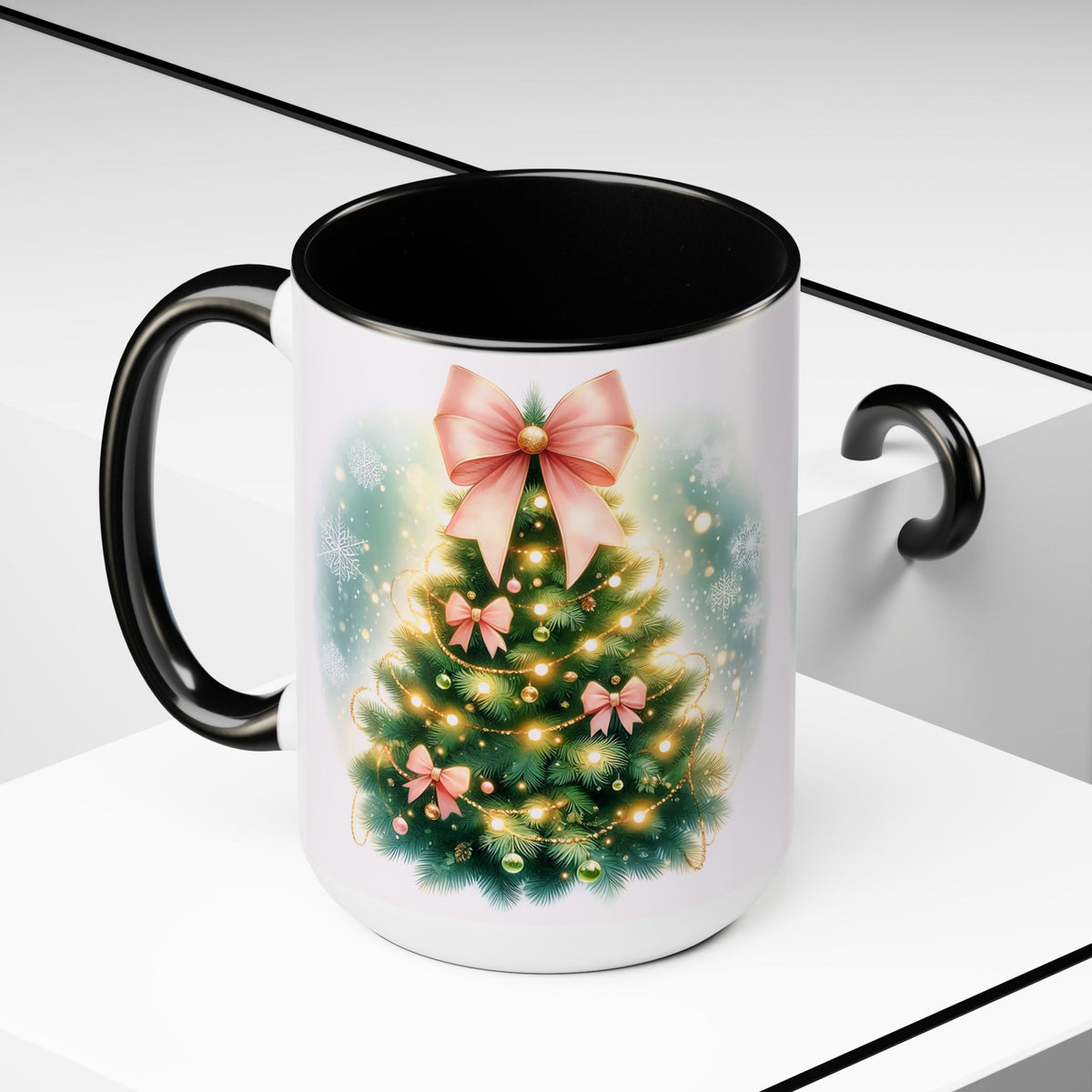 Christmas Tree Mug, Winter Tree Bow Mug, Holiday Mug, Aesthetic Pink Tree Mug, Christmas Coquette Mug, Holiday Mug, Pink Winter Mug 15oz