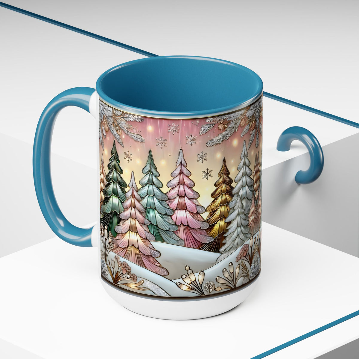 Pink Christmas Tree Mug, Stained Glass Style Forest Coffee Cup, Nature Lover Gift, Holiday Mug for Women, Winter Gift Idea