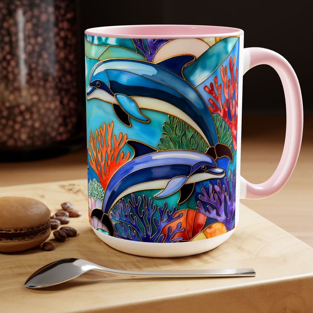 Dolphin Mug, Stained Glass Style Mug, Ocean Lover Gift, Ocean Lover Cup 15oz