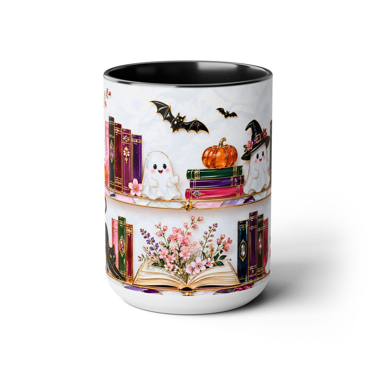 Halloween Ghost Bookshelf Mug, Black Cat Coffee Mug, Book Lover Gift, Witchy Ghost Mug, Spooky Library Cup, Fall Mug, Dark Academia Mug
