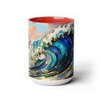Ocean Waves Stained Glass Style Coffee Mug, Coastal Beach Decor Cup, Nautical Sea Wave Art Mug 15oz