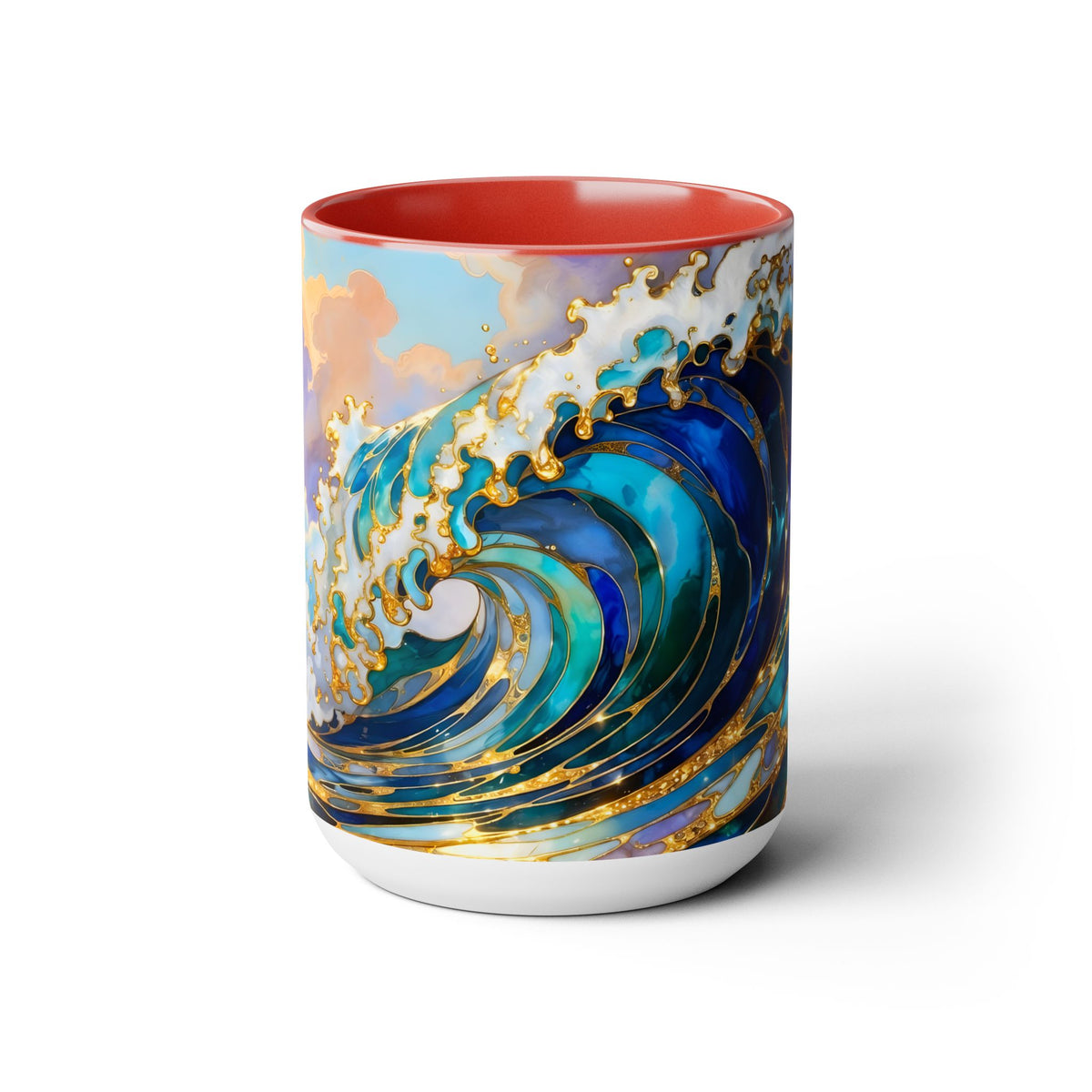 Ocean Waves Stained Glass Style Coffee Mug, Coastal Beach Decor Cup, Nautical Sea Wave Art Mug 15oz