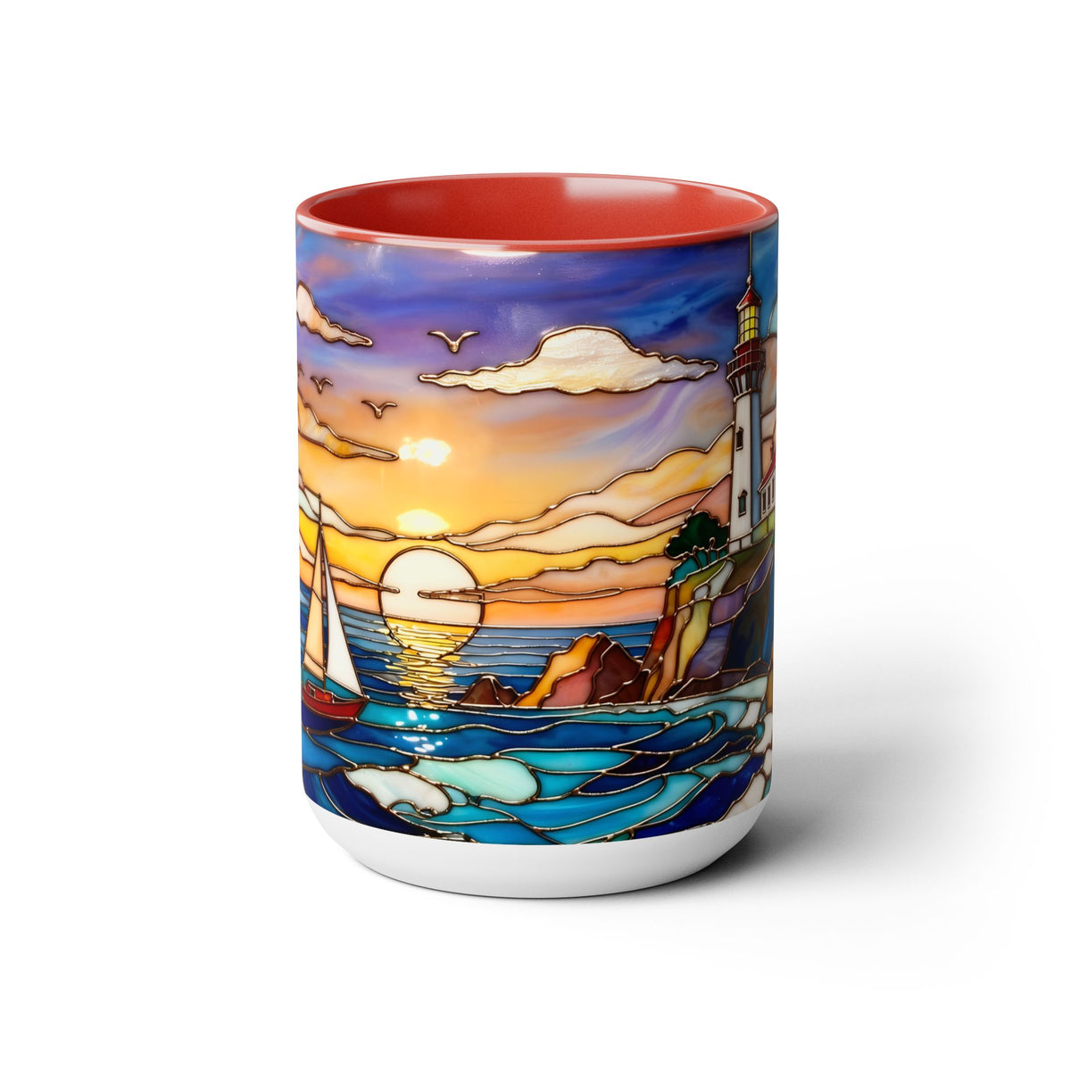 Lighthouse Sunset Mug, Coastal Stained Glass Style Coffee Cup 15oz, Nautical Coffee Mug