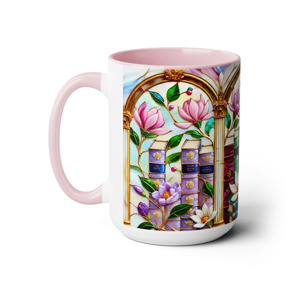 Floral Bookshelf Coffee Mug, Bookish Faux Stained-Glass Mug, Book Lover Gift, Reading Mug for Women, Library Aesthetic Cup 15oz