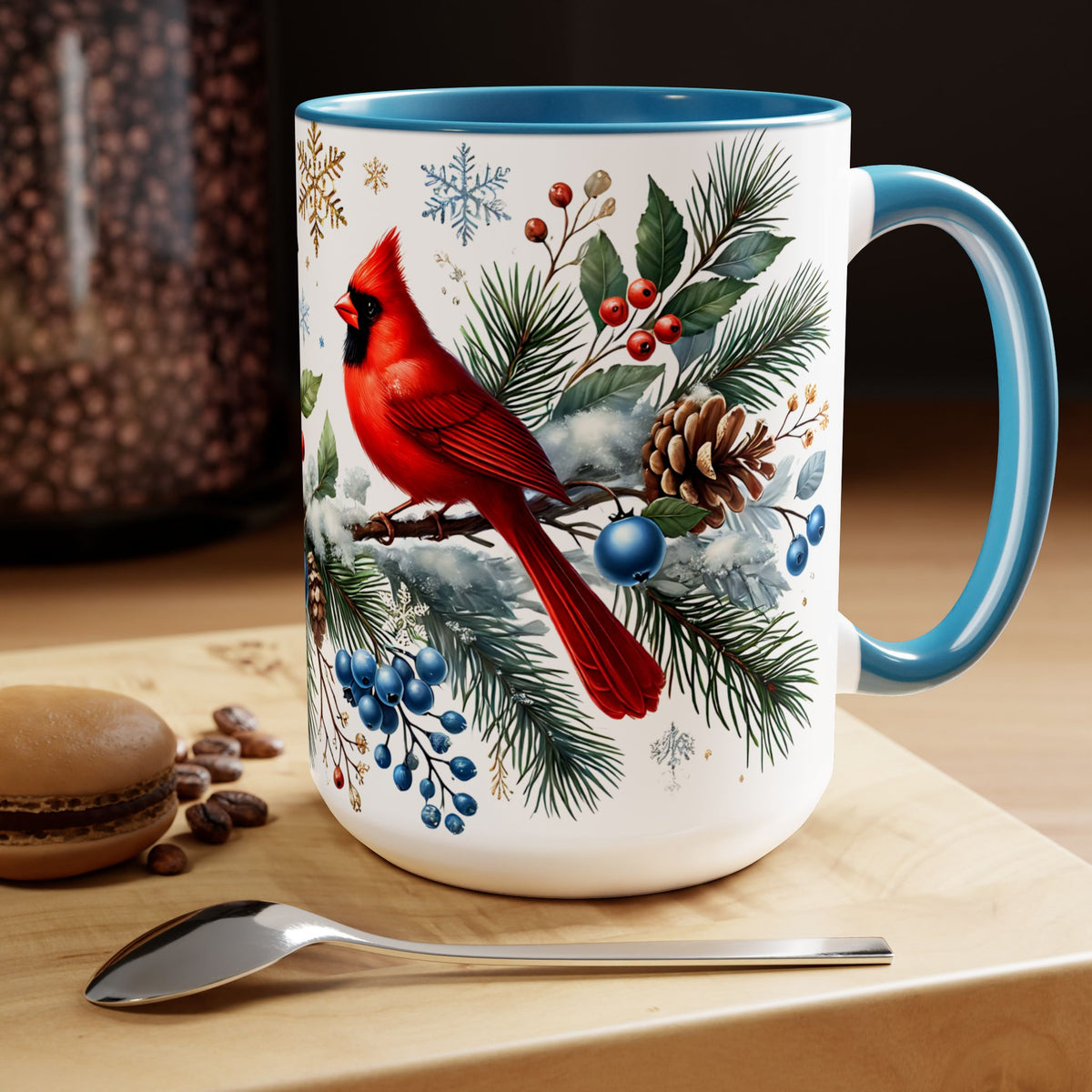 Cardinal Blue Jay Mug, Bird on Snowy Branch Mug, Bird Retro Christmas Mug, Cottagecore Mug, Christmas Kitchen Decor Mug, Winter Mug 15oz