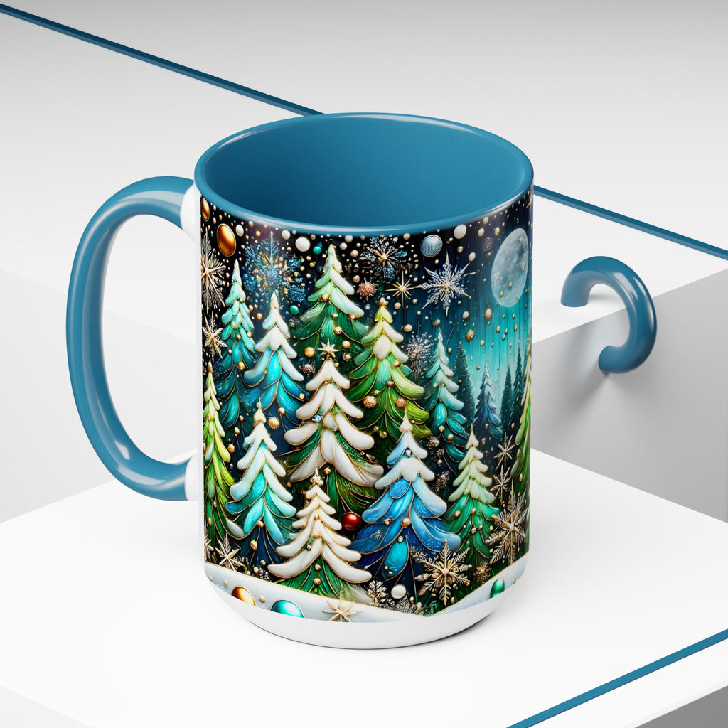 Pine Forest Mug 15oz, Stained Glass Style Coffee Cup, Winter Evergreen Tree Mug, Nature Lover Christmas Gift