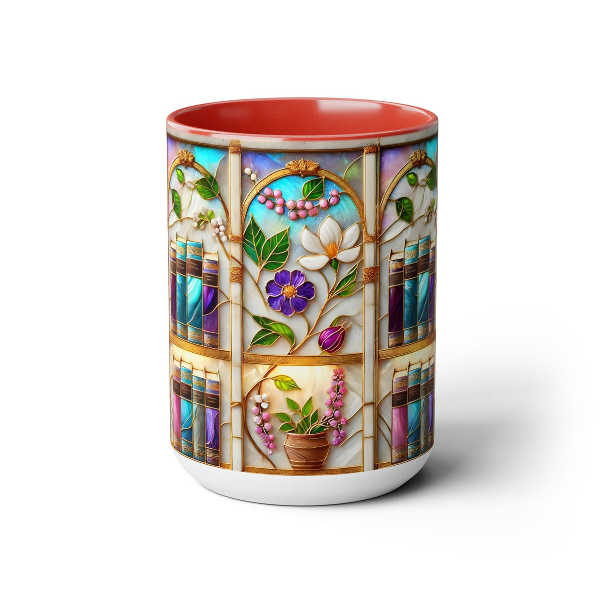 Floral Bookshelf Coffee Mug, Bookish Stained-Glass Style Ceramic Mug, Book Lover Gift 15oz