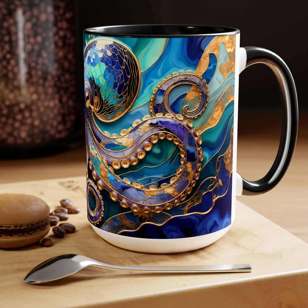 Blue Octopus Mug, Stained Glass Style | Ocean Art Coffee Cup, Beach Lover Cup 15oz