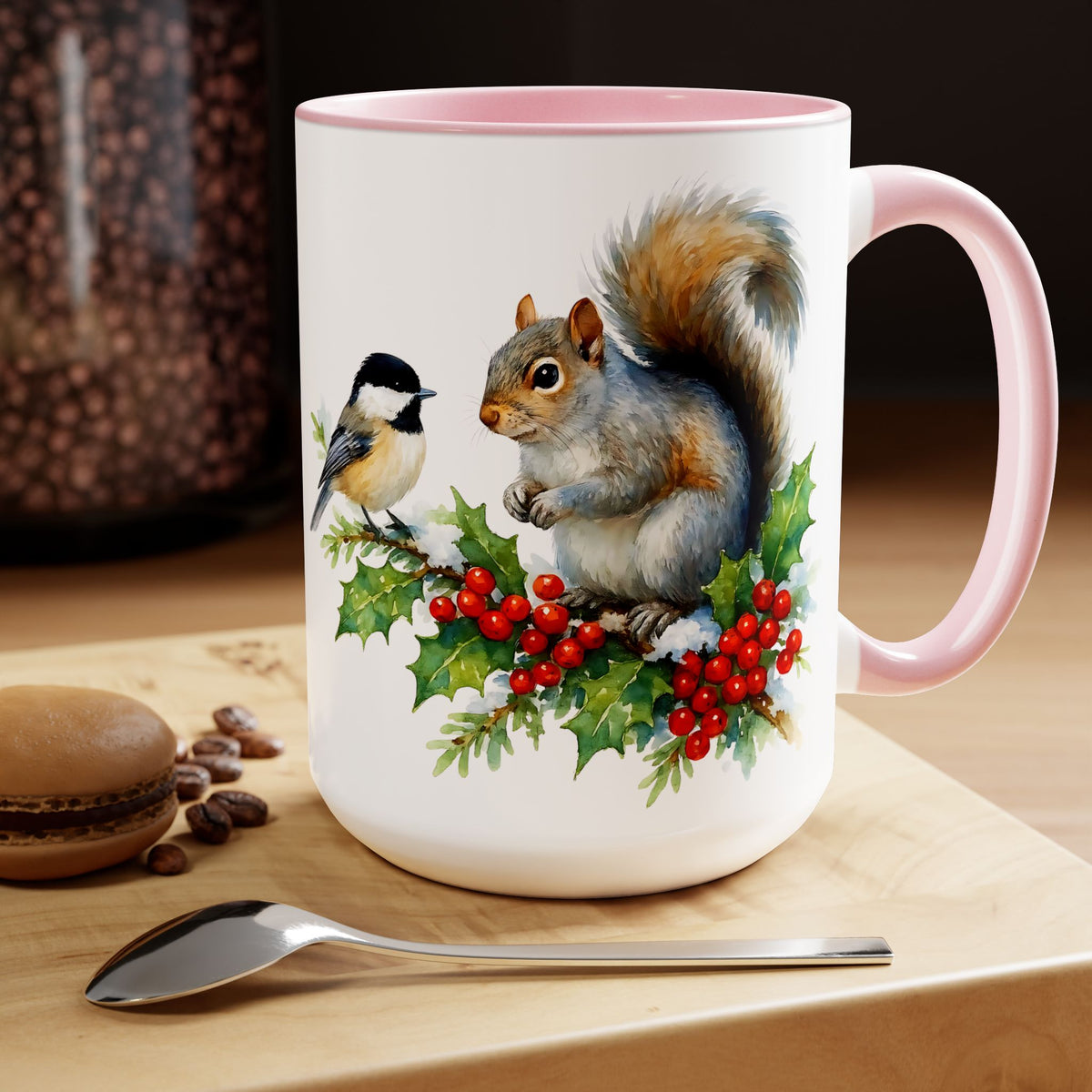 Squirrel and Chickadee Mug, Birds on Snowy Branch Mug, Woodland Retro Christmas Mug, Kitchen Decor Mug, Winter Mug, Squirrel Lover Mug 15oz