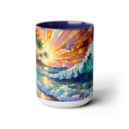 Stained Glass Style Ocean Beach Mug 15oz, Sunrise High Waves Coffee Cup, Palm Tree Coastal Art Cup, Tropical Beach Gift