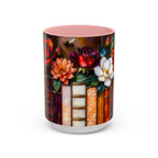 Floral Stained Glass Style Book Mug, Bookshelf Floral Ceramic Mug 15oz, Elegant Book Lover Gift, Garden Book Lover Gift