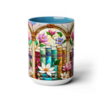 Floral Bookshelf Coffee Mug, Bookish Faux Stained-Glass Mug, Book Lover Gift, Reading Mug for Women, Library Aesthetic Cup 15oz