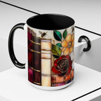 Floral Bookshelf Mug, Stained Glass Style Flowers & Bees Mug 15oz, Garden Book Lover Gift