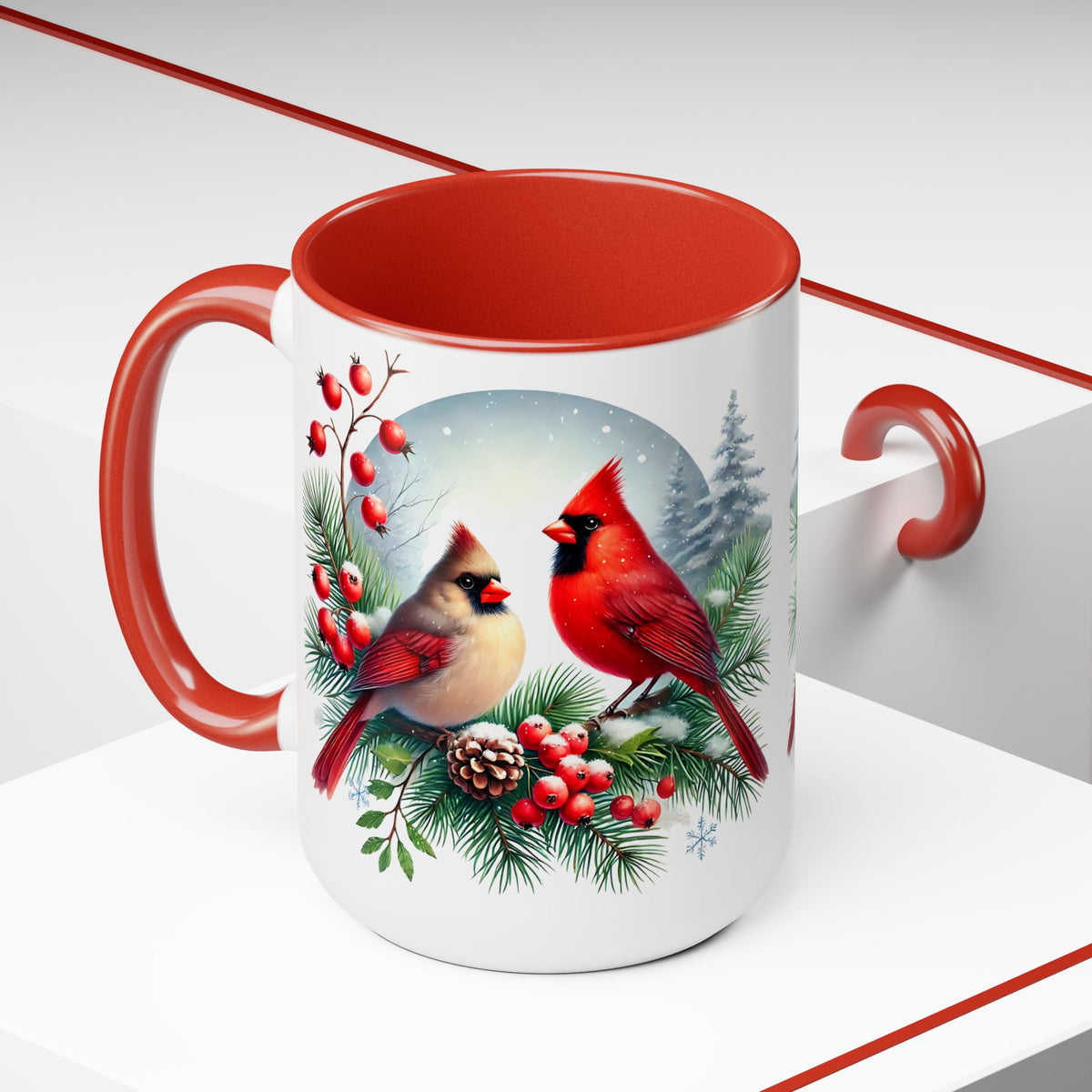 Cardinal Christmas Mug, Bird on Snowy Branch Mug, Bird Retro Christmas Mug, Cottagecore Mug, Christmas Cardinal Pair Mug, Christmas Mug 15oz