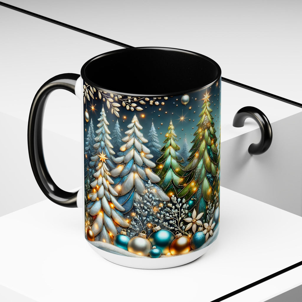 Christmas Mug, Pine Forest Mug, Stained Glass Style Coffee Cup, Winter Evergreen Tree Mug, Nature Lover Christmas Gift 15oz