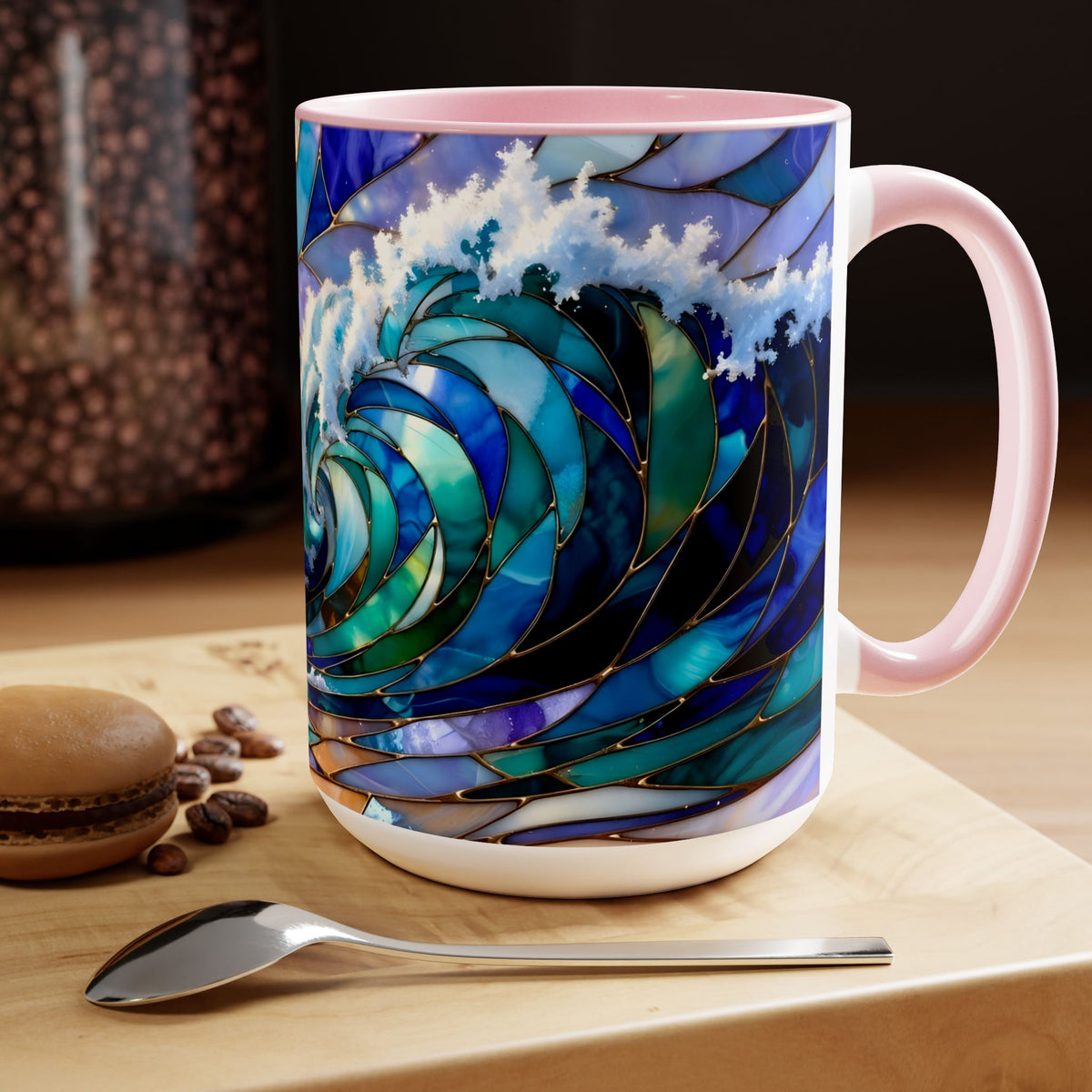 Stained Glass Style Ocean Wave Mug, Colorful Coastal Coffee Cup, Beach Sunrise Ceramic, Ocean Lover Gift Cup 15oz
